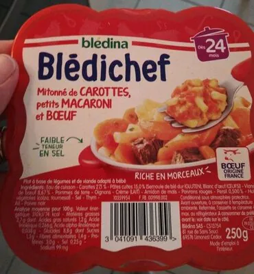 Bledichef BLEDINA BLEDICHEF Mitonné de Carottes, Petits Macaroni et Boeuf 250g Dès 24 Mois
