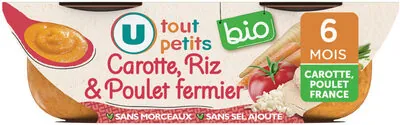 U Plat bébé du midi Carotte, riz & poulet fermier, de6 à 12 mois - 2x200g - Repas bébé