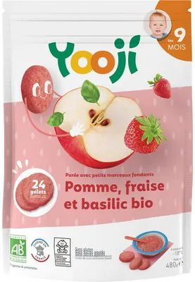 Yooji Purée surgelée de pomme, fraise et basilic bio avec petits morceaux fondants pour bébé dès 9 mois